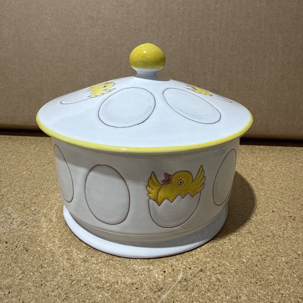 VTG Italian Stoneware Egg Bowl 6.5” Lidded ~ Chicks & Eggs ~ N’Orleans Import